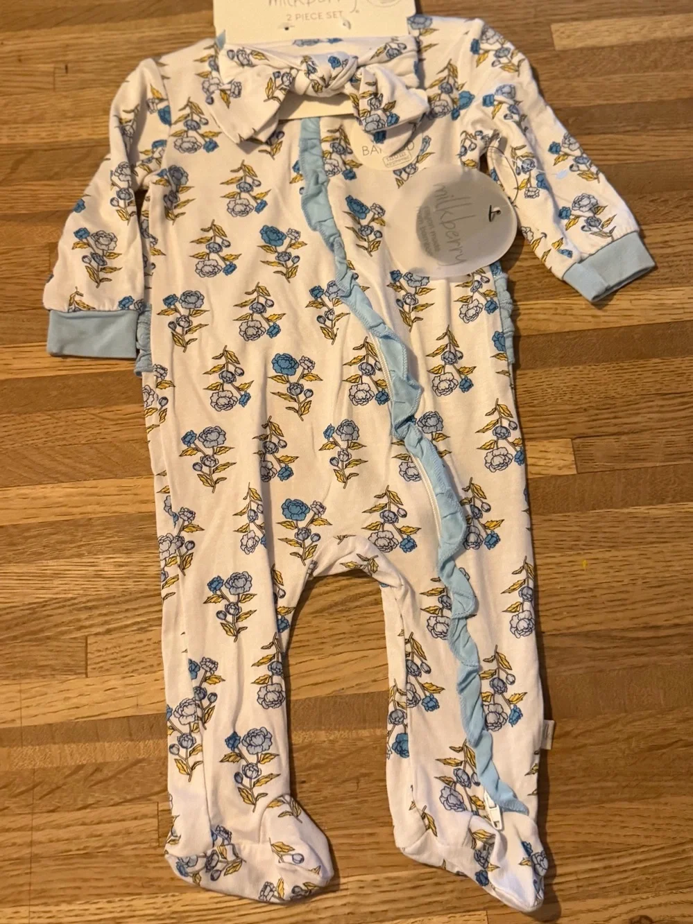 Mulberry Baby Floral Footed One-Piece in White and Blue
